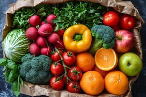 ai généré une kraft sac avec des légumes et des fruits sur une noir Contexte. nourriture livraison photo