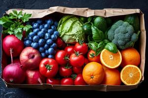 ai généré une artisanat sac avec des légumes et des fruits sur une lumière Contexte. nourriture livraison photo