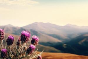 ai généré fleurs sur Montagne Contexte photo