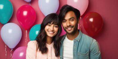 ai généré Sud asiatique garçon et fille avec des ballons photo