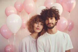 ai généré garçon et fille avec des ballons photo