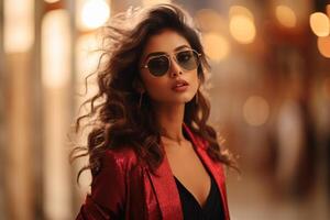 ai généré Sud asiatique femelle modèle portant des lunettes de soleil photo