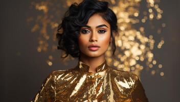 ai généré Sud asiatique fille dans d'or vêtements photo