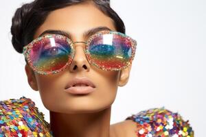 ai généré femelle modèle portant coloré vêtements et des lunettes de soleil photo