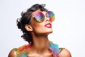 ai généré femelle modèle portant coloré vêtements et des lunettes de soleil photo