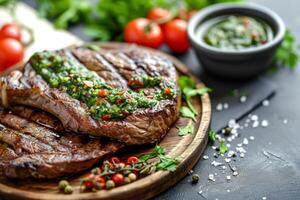 ai généré fait maison grillé steak avec Chimichurri sauce et épices. génératif ai photo