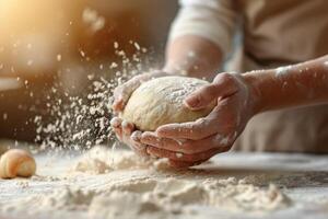 ai généré boulanger chef est fabrication avec farine pain de pâte. pétrissage pâte. génératif ai photo