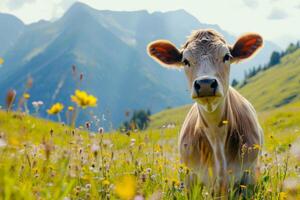 ai généré vaches troupeau sur une herbe champ pendant le été avec montagnes sur Contexte. génératif ai photo