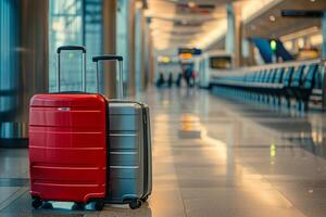 ai généré deux élégant les valises permanent dans vide aéroport salle. génératif ai photo