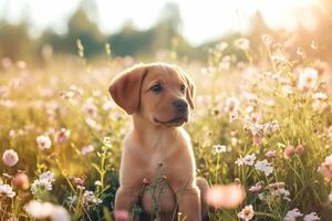 ai généré mignonne chiot séance dans été fleur champ. génératif ai photo