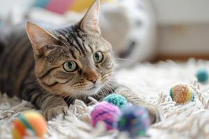 ai généré mignonne chat pièces avec jouets. génératif ai photo