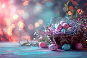 ai généré Pâques bannière avec Pâques panier et des œufs. pétillant bokeh Contexte dans pastel couleurs. génératif ai photo