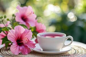 ai généré chaud hibiscus tasse de thé avec fleurs dans le Contexte. petit déjeuner pique-nique table installation. génératif ai photo
