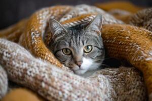 ai généré mignonne chaton repose sur doux couverture. chat parmi une tricoté en tissu couverture. génératif ai photo