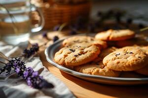 ai généré fait maison aromatique lavande biscuits sur ensoleillé cuisine. génératif ai photo