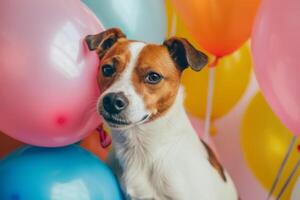 ai généré chien est assis parmi le de fête décorations. chien parmi des ballons. génératif ai photo