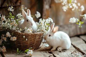 ai généré deux blanc lapins séance dans une panier sur en bois table avec fleurs. Pâques carte. génératif ai photo