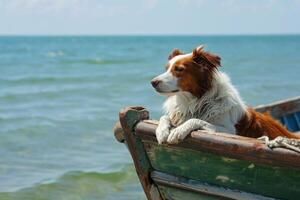 ai généré chien sur une bateau près le plage. petit chien dans une en bois bateau sur le lac. génératif ai photo