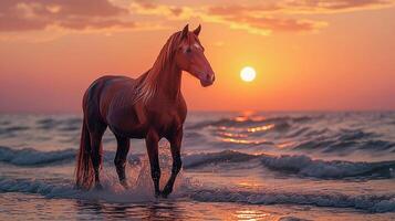 ai généré magnifique cheval permanent par le mer à le coucher du soleil photo