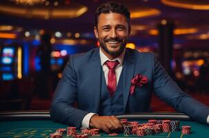 ai généré content homme en jouant dans une casino photo