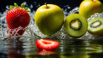 ai généré Frais mûr fruit et fraise, l'eau gouttes, éclaboussure photo