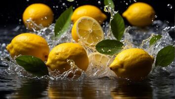 ai généré Frais mûr citrons, l'eau gouttes, éclaboussure photo