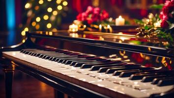 ai généré noir piano, fleurs fermer photo