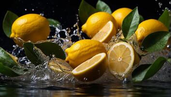 ai généré Frais mûr citrons, l'eau gouttes, éclaboussure photo