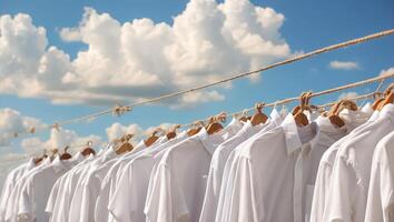 ai généré nettoyer blanc T-shirt est séchage sur une corde à linge contre le ciel photo
