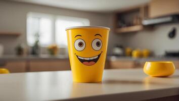 ai généré mignonne marrant tasse avec yeux et sourire dans le cuisine photo