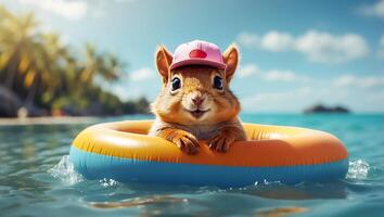 ai généré mignonne écureuil dans une nager cercle à mer marrant photo