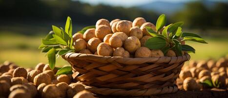 ai généré rustique scène de Frais macadamia des noisettes dans une en bois bol. photo