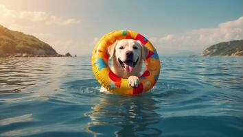 ai généré mignonne chien dans une nager cercle à mer photo