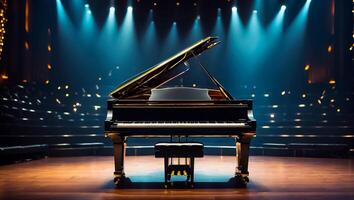 ai généré magnifique noir piano dans le concert salle photo