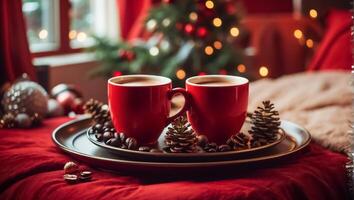 ai généré magnifique tasses avec café sur une plateau, une pin cône, une Noël arbre bifurquer, dans le chambre photo