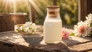 ai généré Lait bouteilles sur le ferme photo