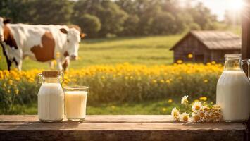 ai généré Lait bouteilles sur le ferme photo