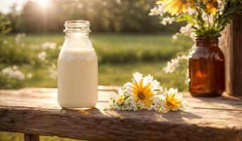 ai généré Lait bouteilles sur le ferme photo