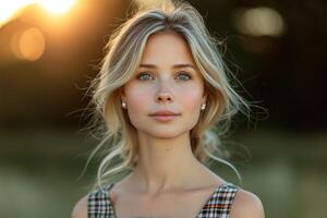 ai généré portrait de une Jeune magnifique fille avec blond cheveux dans été dans une champ dans le lumière du soleil photo