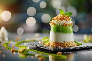 ai généré mouton yaourt et pandan éponge gâteau mousse avec caramélisé salé riz photo