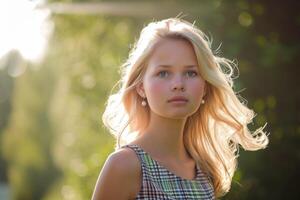 ai généré portrait de une Jeune magnifique fille avec blond cheveux dans été dans une champ dans le lumière du soleil photo