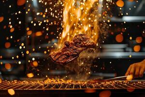 ai généré une copieux steak sur feu, grésillant sur une chaud gril photo