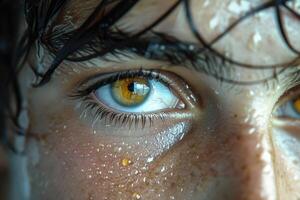 ai généré macro la photographie de une fille c'est marron yeux . cils et les sourcils photo