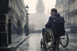 ai généré arrière vue de une désactivée homme dans une fauteuil roulant dans le ville dans nuageux temps photo