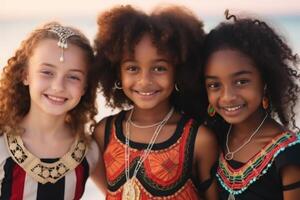 ai généré Trois Jeune souriant les filles de différent les courses dans été coloré vêtements sur le plage photo