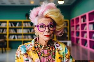 ai généré portrait de un personnes âgées bibliothécaire femme dans coloré vêtements et des lunettes permanent dans le Université bibliothèque et à la recherche à le caméra photo