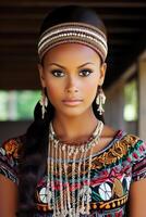 ai généré portrait de une polynésien fille de le pacifique île de Tahiti. français Polynésie photo