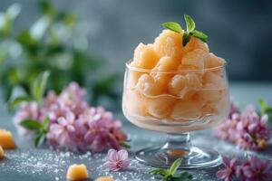 ai généré mangue sorbet dans une verre sur le table . popsicle dans une verre photo