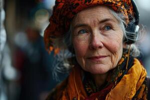 ai généré fermer portrait de un personnes âgées femme portant écouteurs sur une ville rue photo