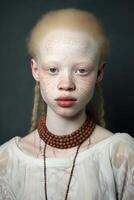 ai généré portrait de un albinos africain fille sur une foncé Contexte fermer photo